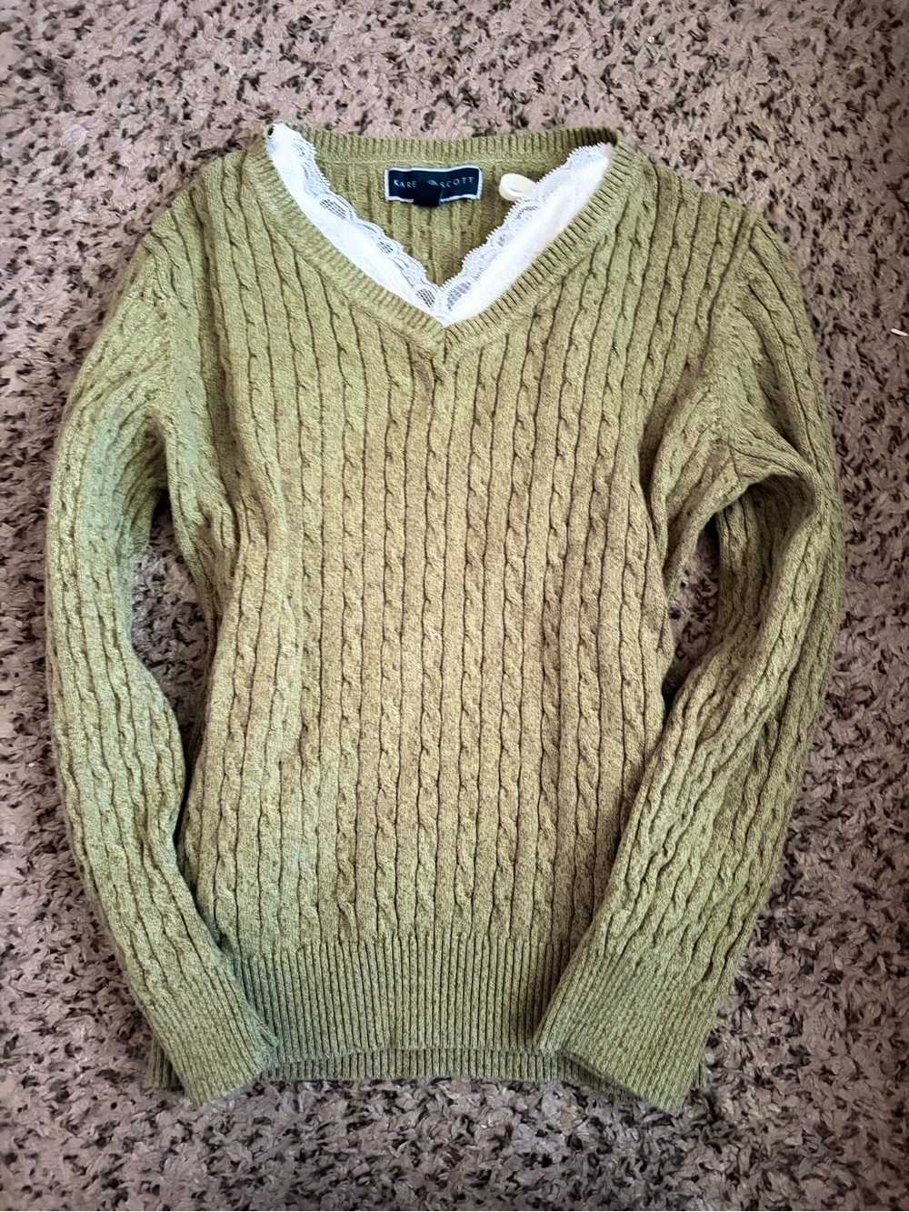 Sage Green Cable-Knit V-Neck Sweater